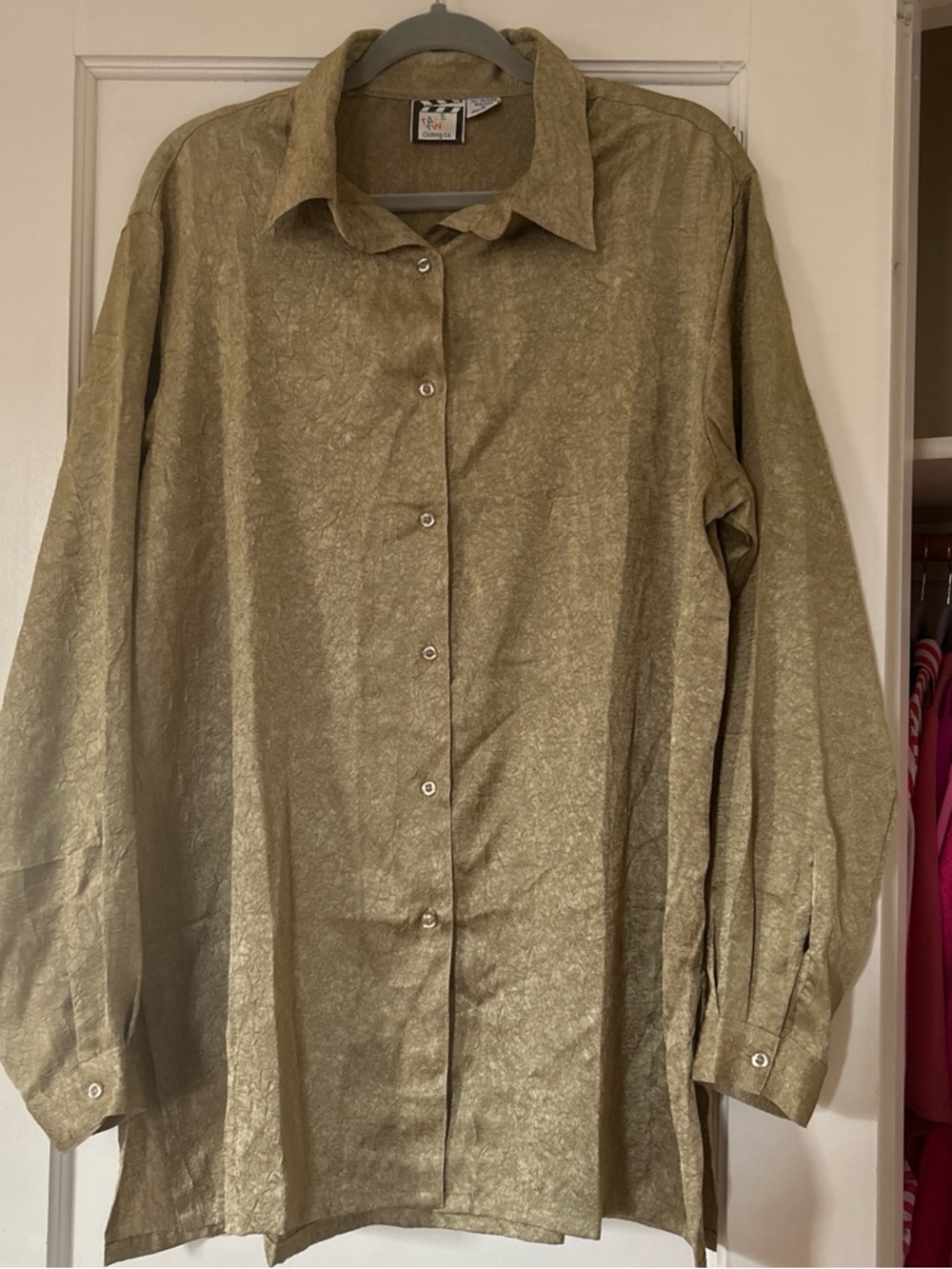 Women's Metallic Olive Button-Down Shirt